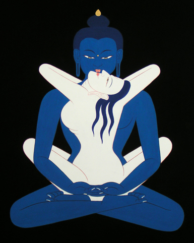 Тело будды Самантабхадры изображают тёмно-синего цвета